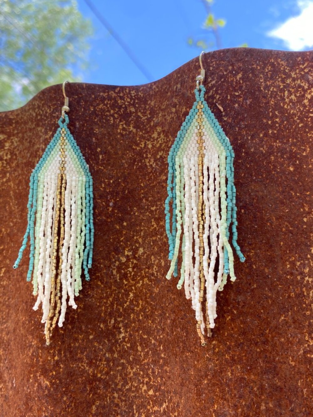 INK + ALLOY Jane Triangle with Stripe Beaded Fringe Earrings Teal - Picture 6 of 7